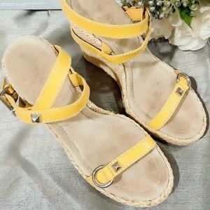 Authentic PRADA Women’s Yellow  Leather Strappy Wedge Espadrille Sandals